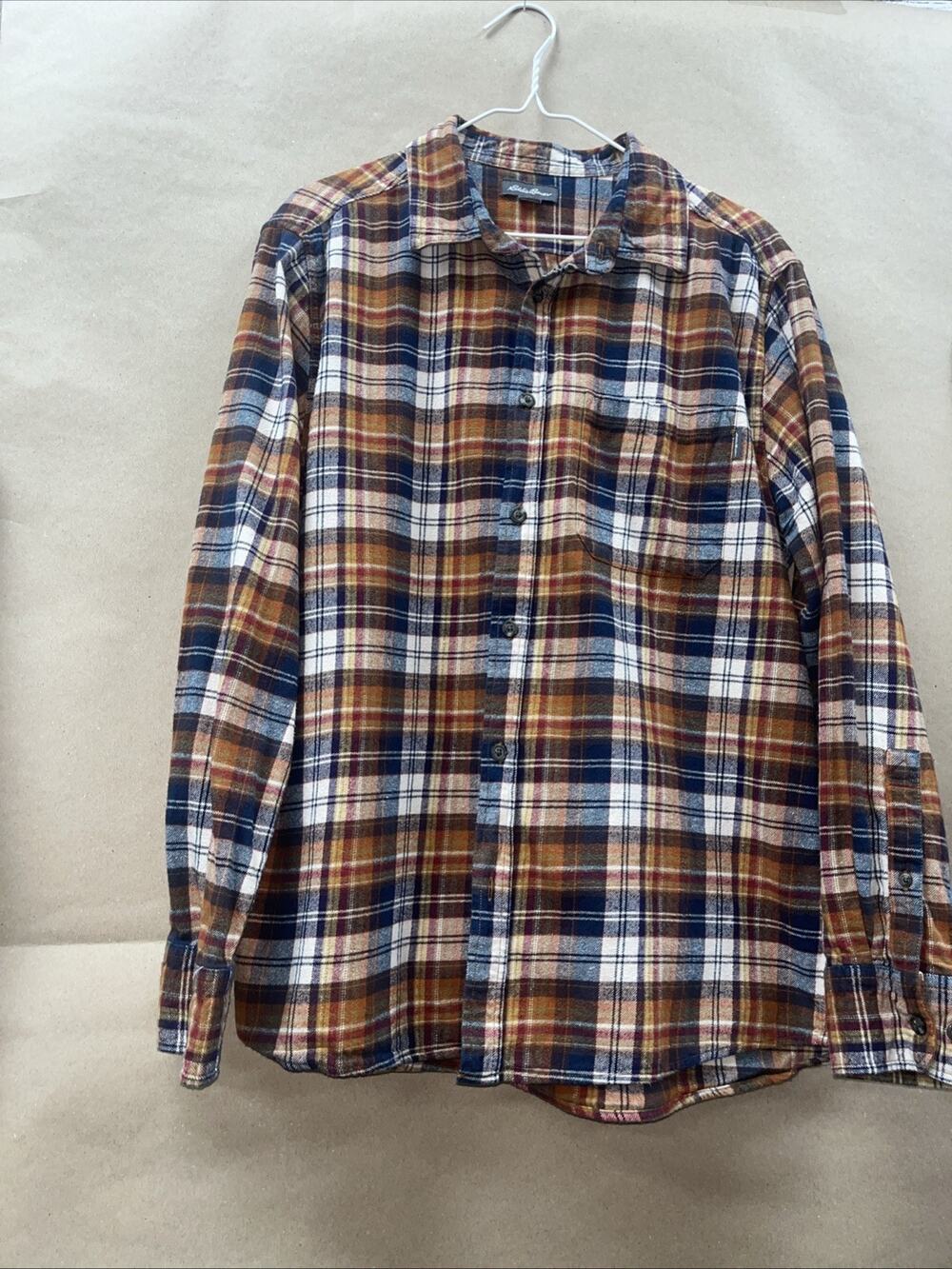 Men’s Eddie Bauer Flannel Button Down Shirt Blue Red Cream mustard Yellow Plaid